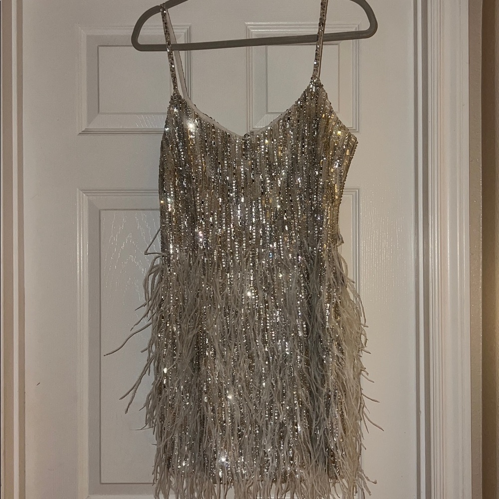 White & silver Sequin and Feather Dress - Picture 8 of 11